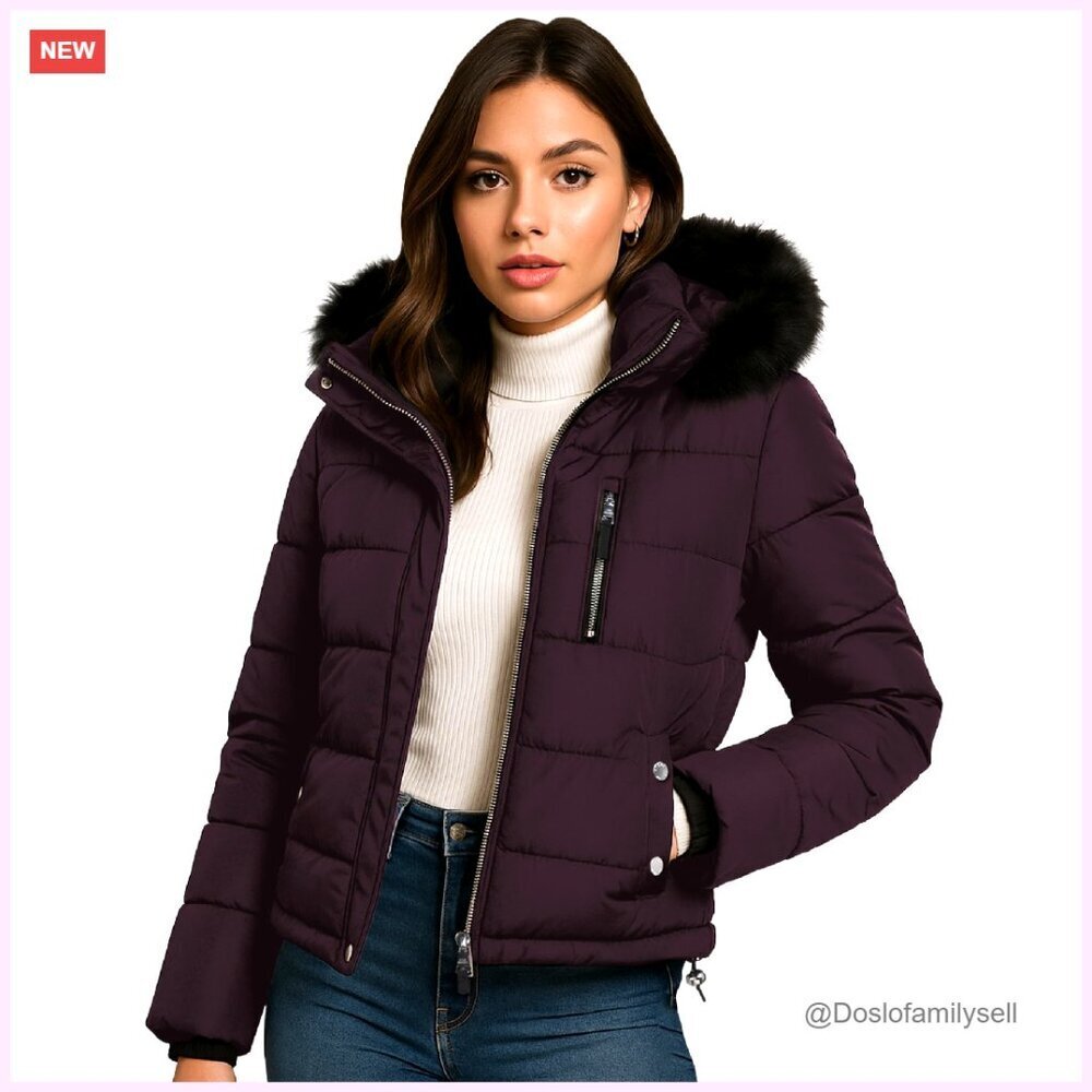 Cropped Puffer Jacket with Removable Faux Fur Hood, Wind & Water Resistant